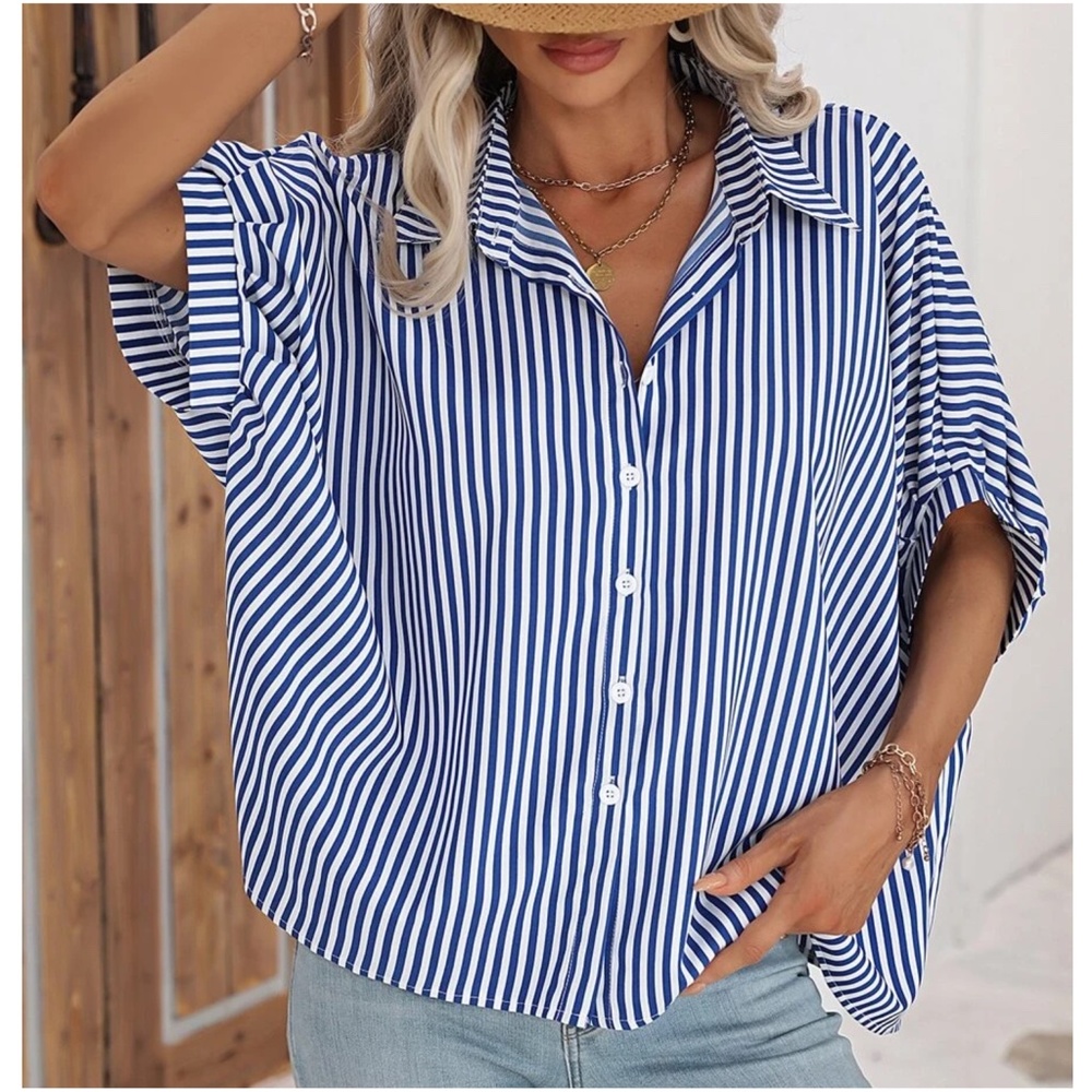 011 Stripes Button Down Boyfriend oversized Shirt - Picture 3 of 10